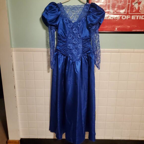 Vintage Royal Blue 80s Long Sleeve Lace A Line Prom Party Dress Women's Size 12 - Picture 14 of 15
